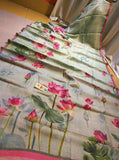 Beige Hand Painted Plain Pure Silk Mark Certified Tussar Silk Sarees