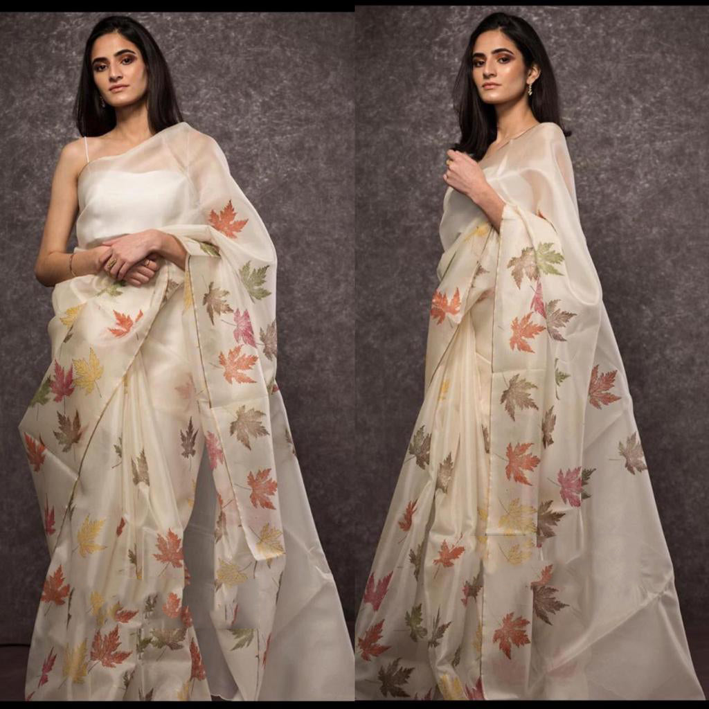 Beige Pure Digital Print Organza Sarees - Dailybuyys