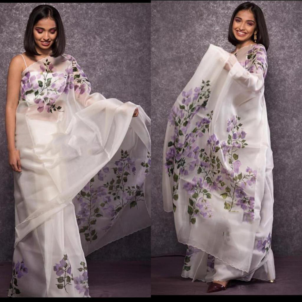 White Pure Digital Print Organza Sarees - Dailybuyys