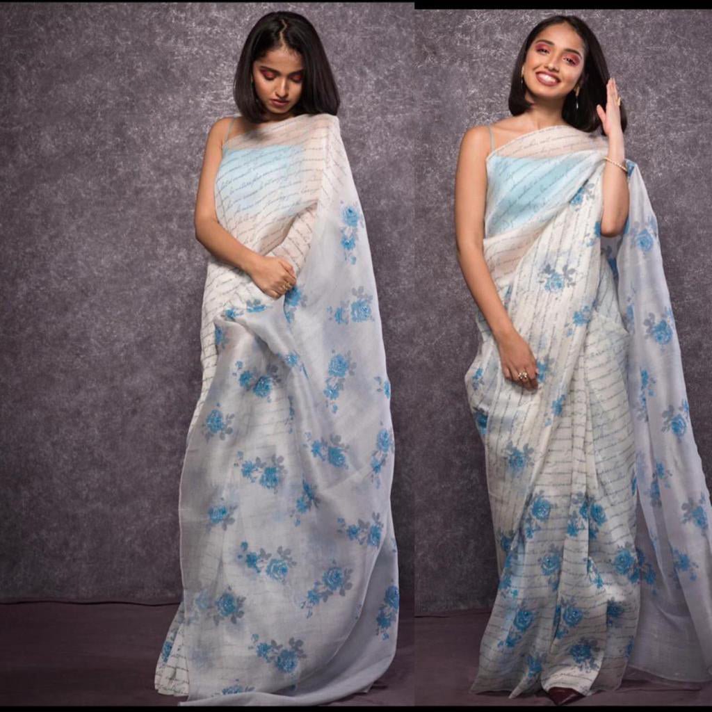 White Pure Digital Print Organza Sarees - Dailybuyys
