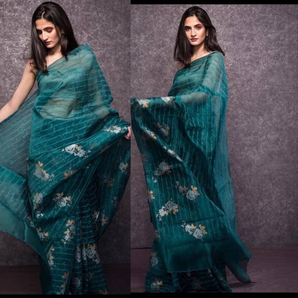 Green Pure Digital Print Organza Sarees - Dailybuyys