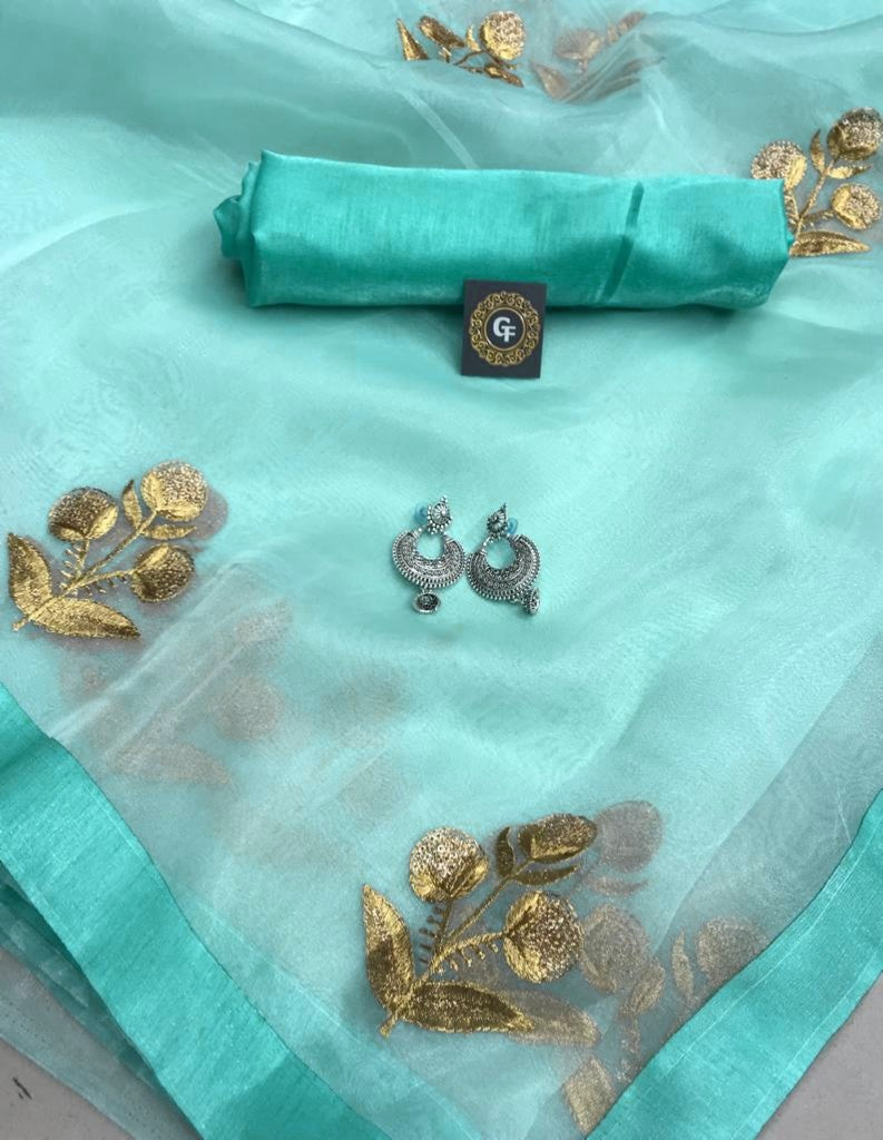 Green Pure Organza Sarees - Dailybuyys