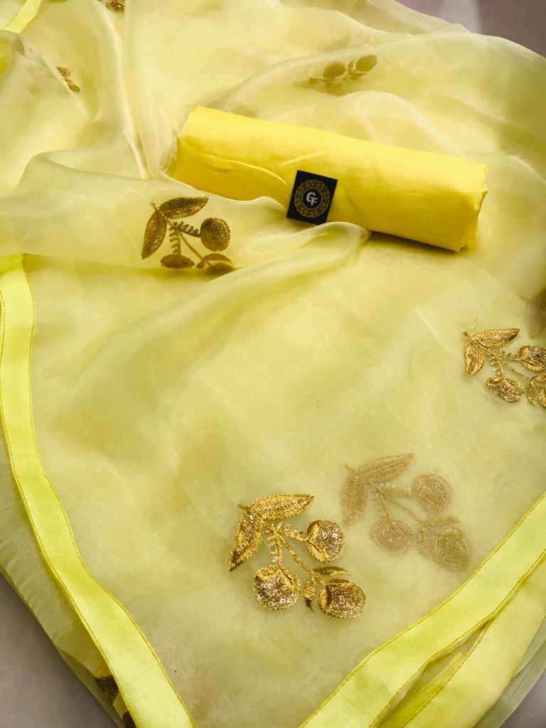 Yellow Pure Organza Sarees - Dailybuyys
