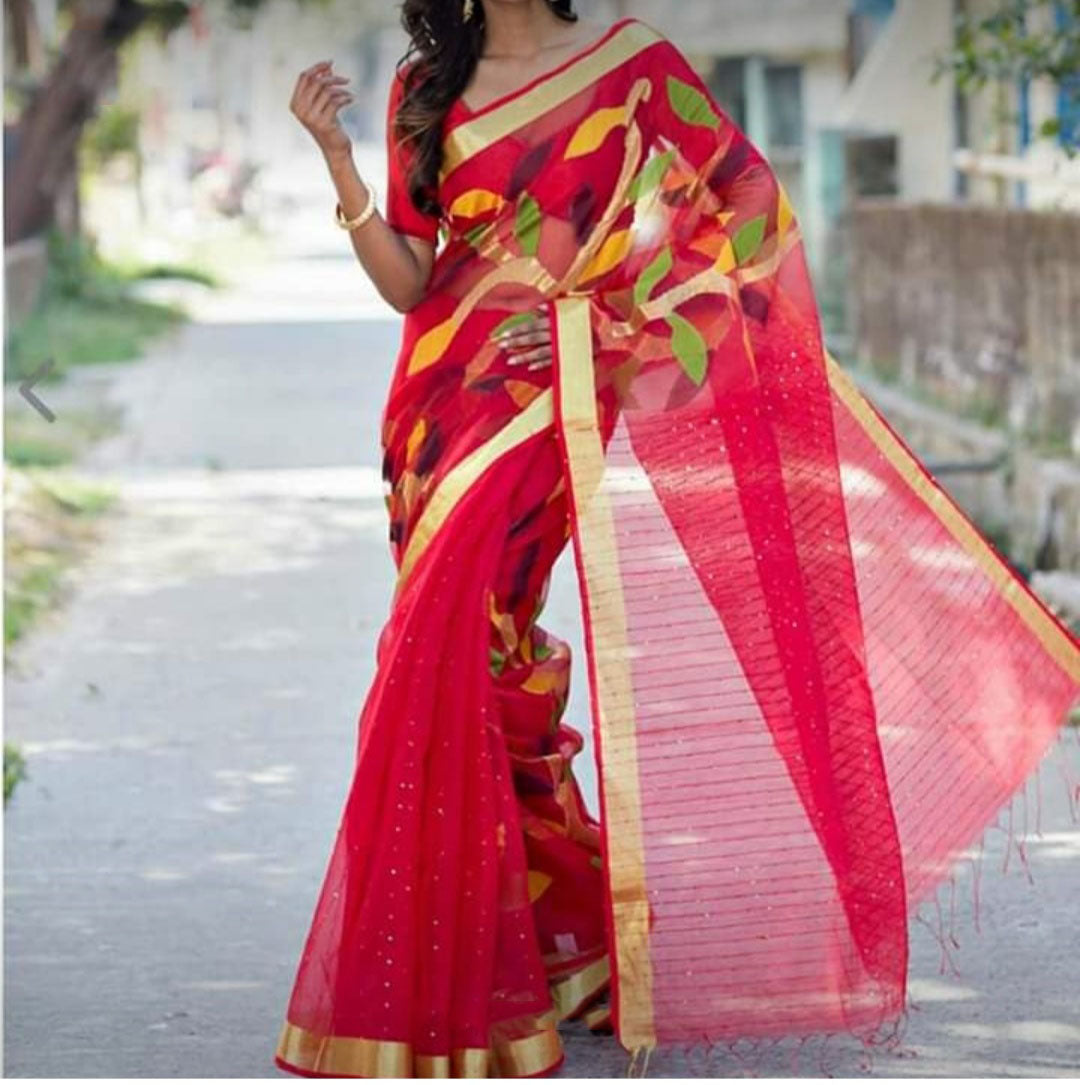 Red Matka Silk Mark Certified Muslin Jori Border Sequence Jamdani Sarees - Dailybuyys