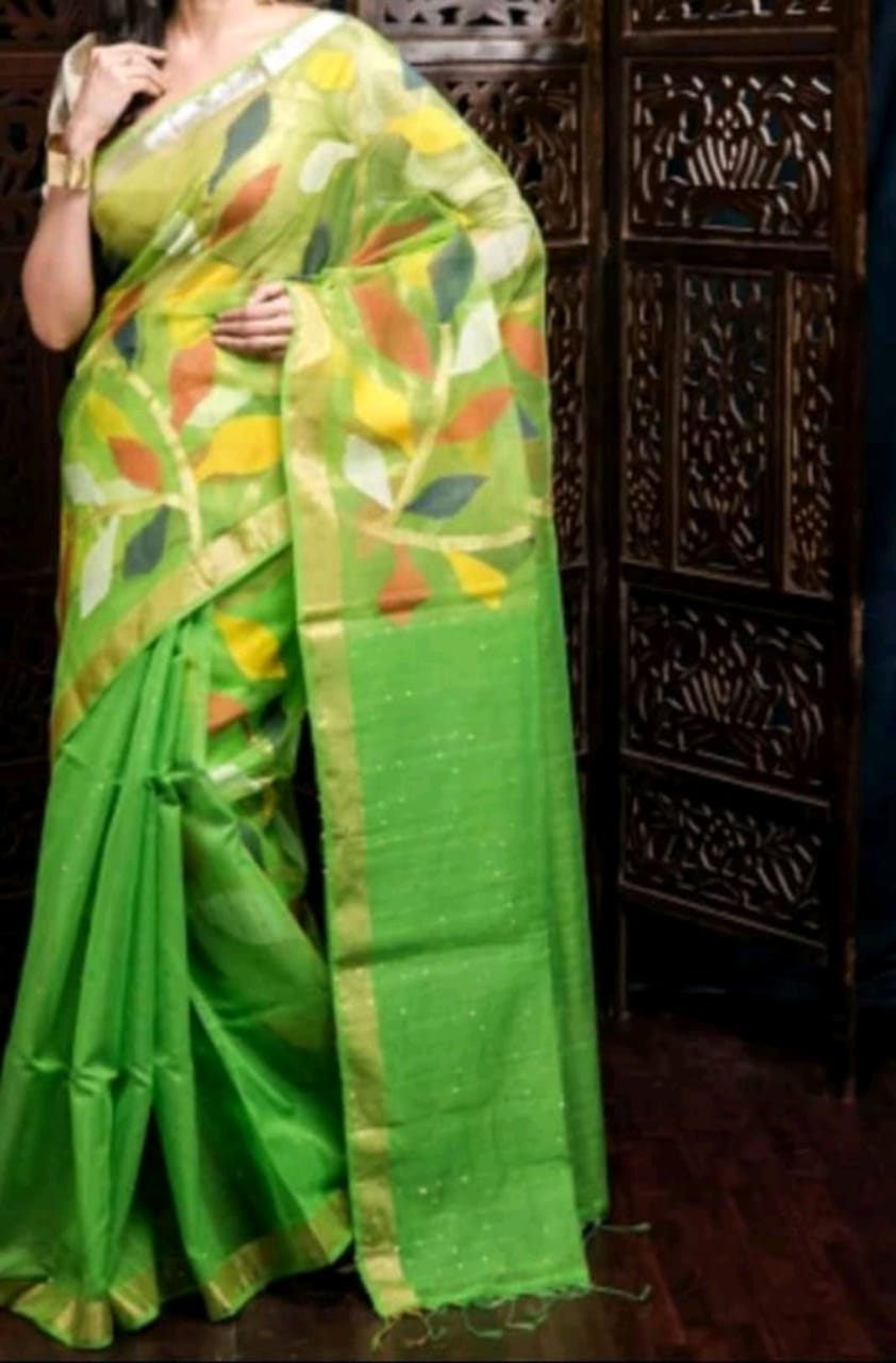 Green Matka Silk Mark Certified Muslin Jori Border Sequence Jamdani Sarees - Dailybuyys