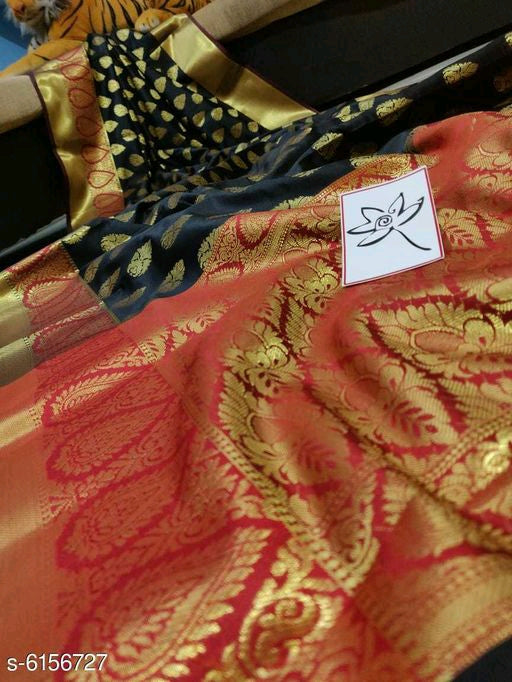 Black Orange Handloom Weaving Banarasi Silk Sarees - Dailybuyys