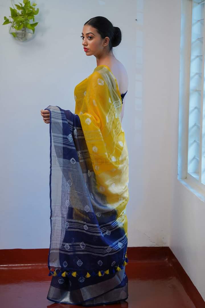 Blue Yellow Shibori Print Pure Linen Sarees - Dailybuyys