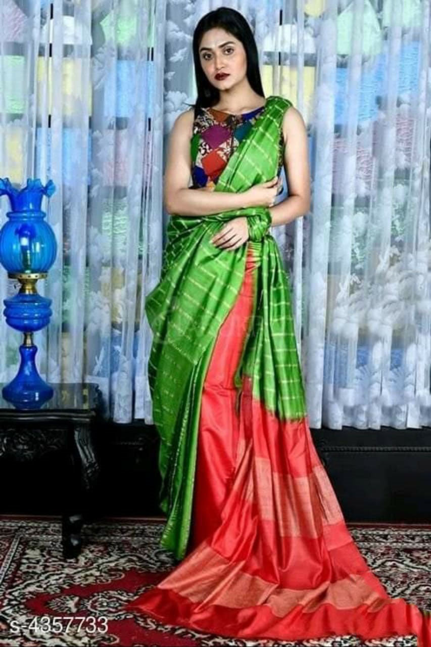 Green Red Pure Cotton Silk Sarees - Dailybuyys