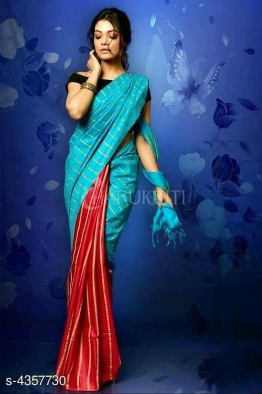 Blue Red Pure Cotton Silk Sarees - Dailybuyys