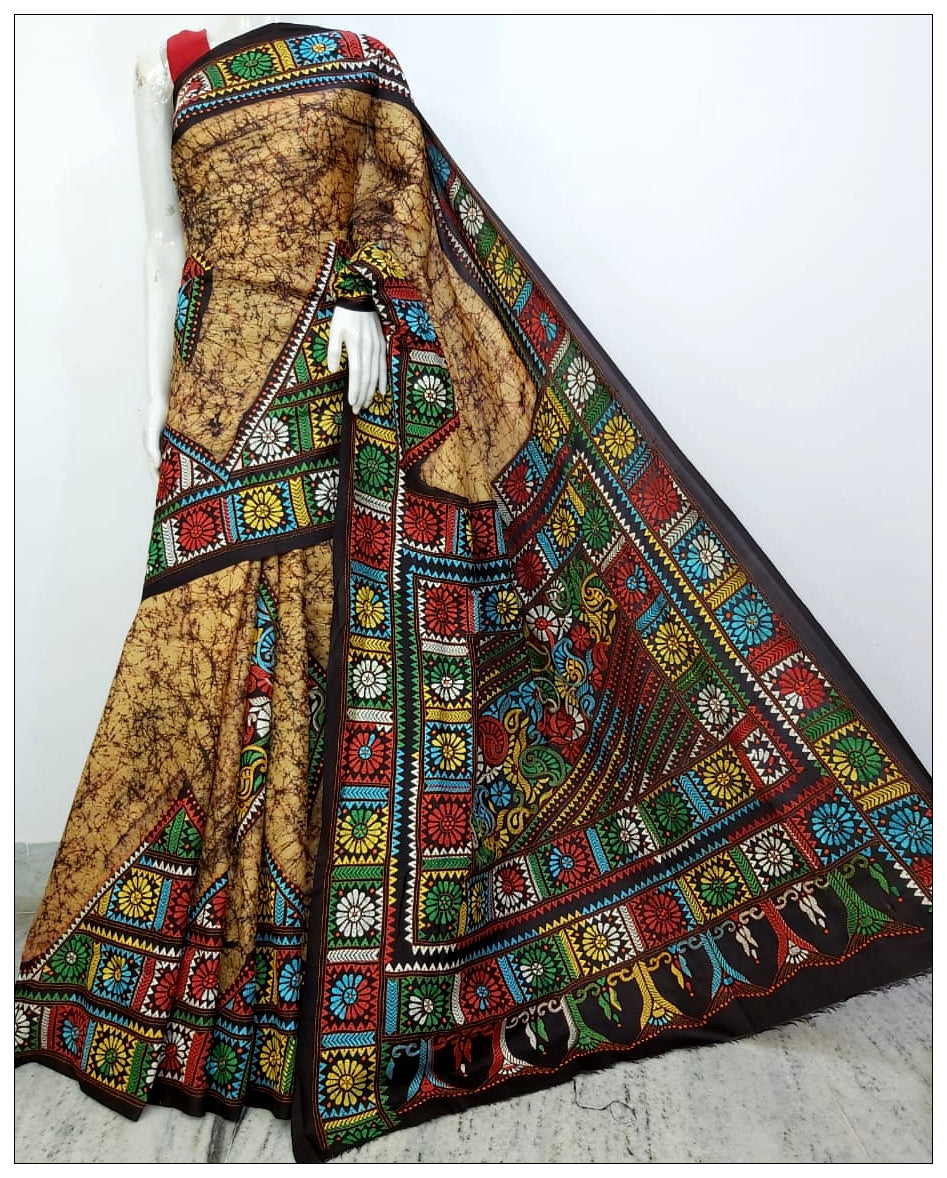 Multi Coloured Hand Embroidery Batik Hand Painted Kantha Stitch Saree - Dailybuyys