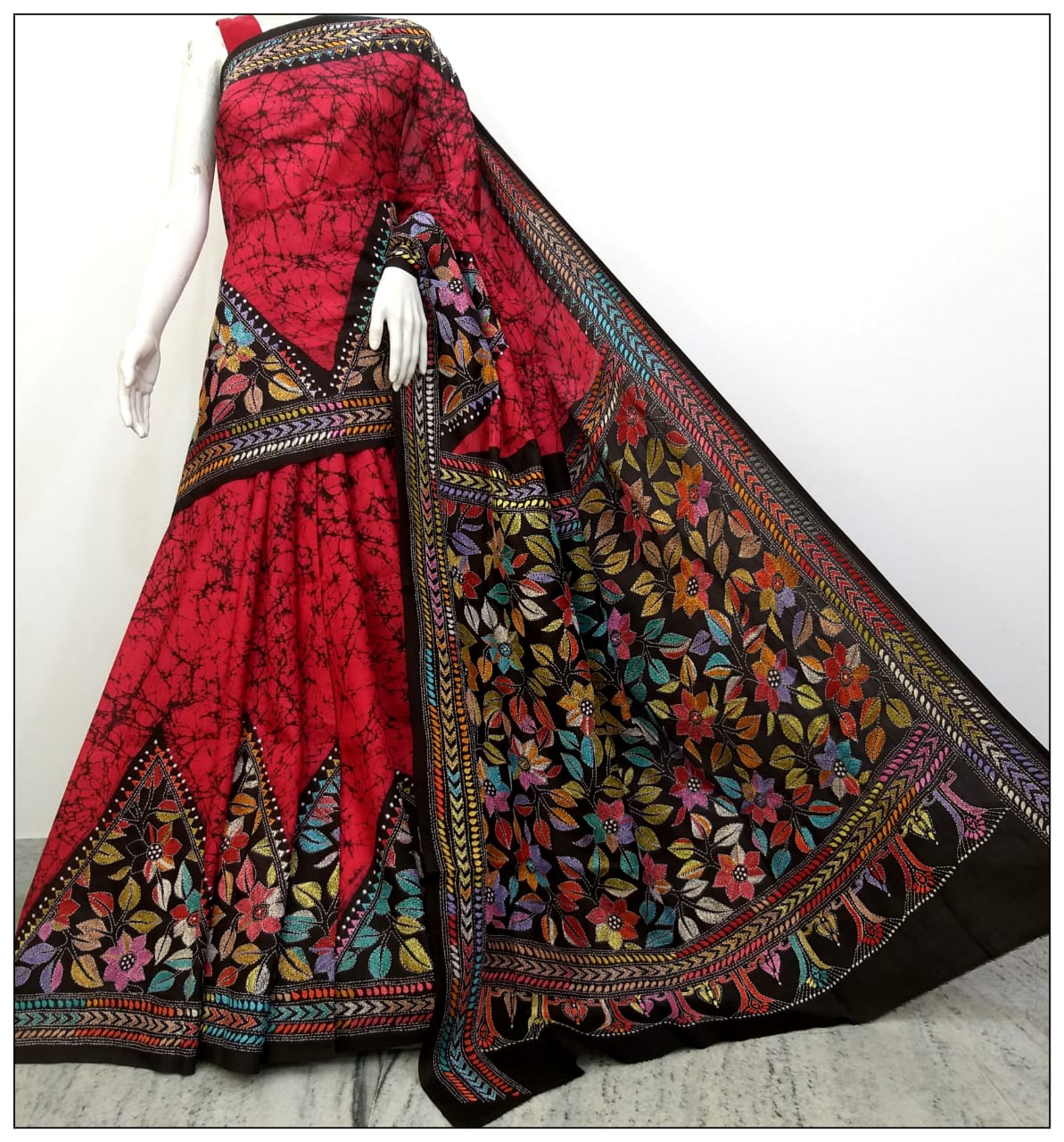 Multi Coloured Hand Embroidery Batik Hand Painted Kantha Stitch Saree - Dailybuyys