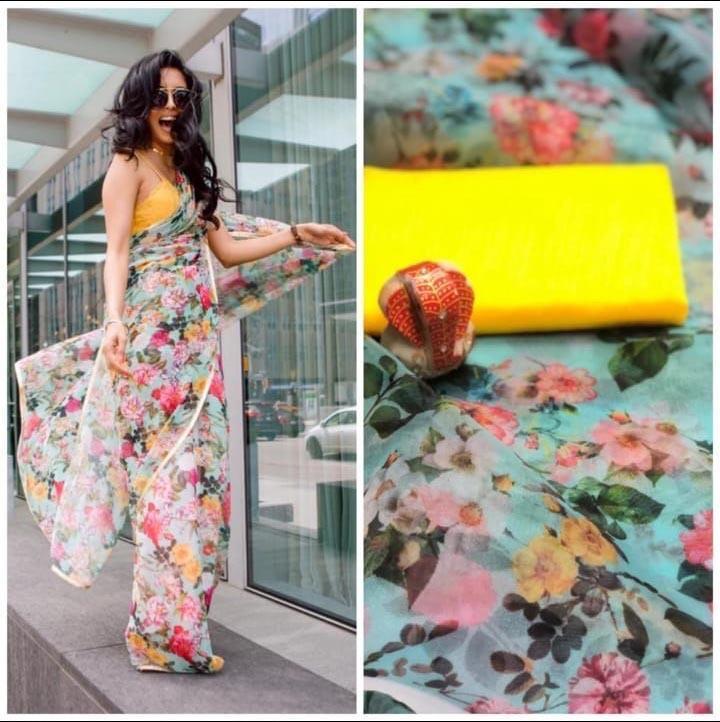Multi Color Pure Digital Print Organza Sarees - Dailybuyys