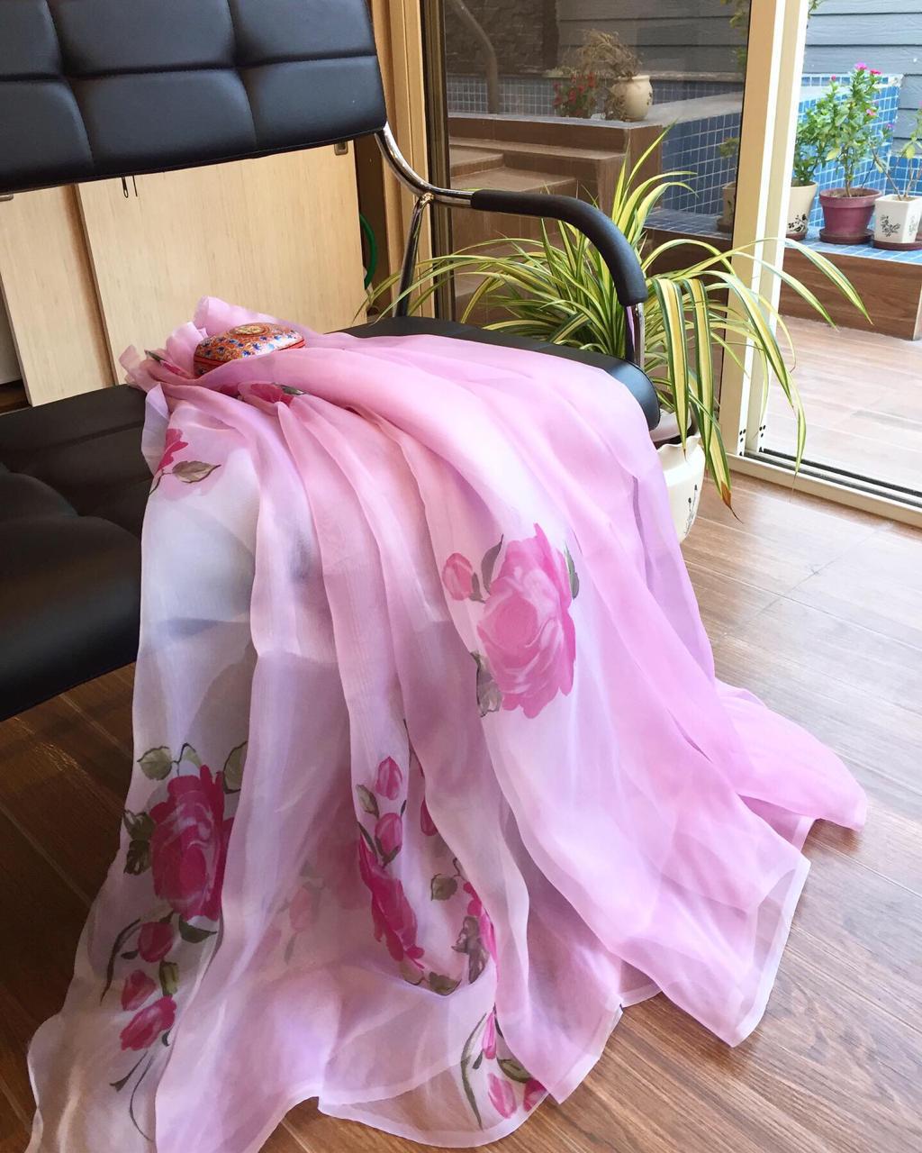 Pink Pure Digital Print Organza Sarees - Dailybuyys