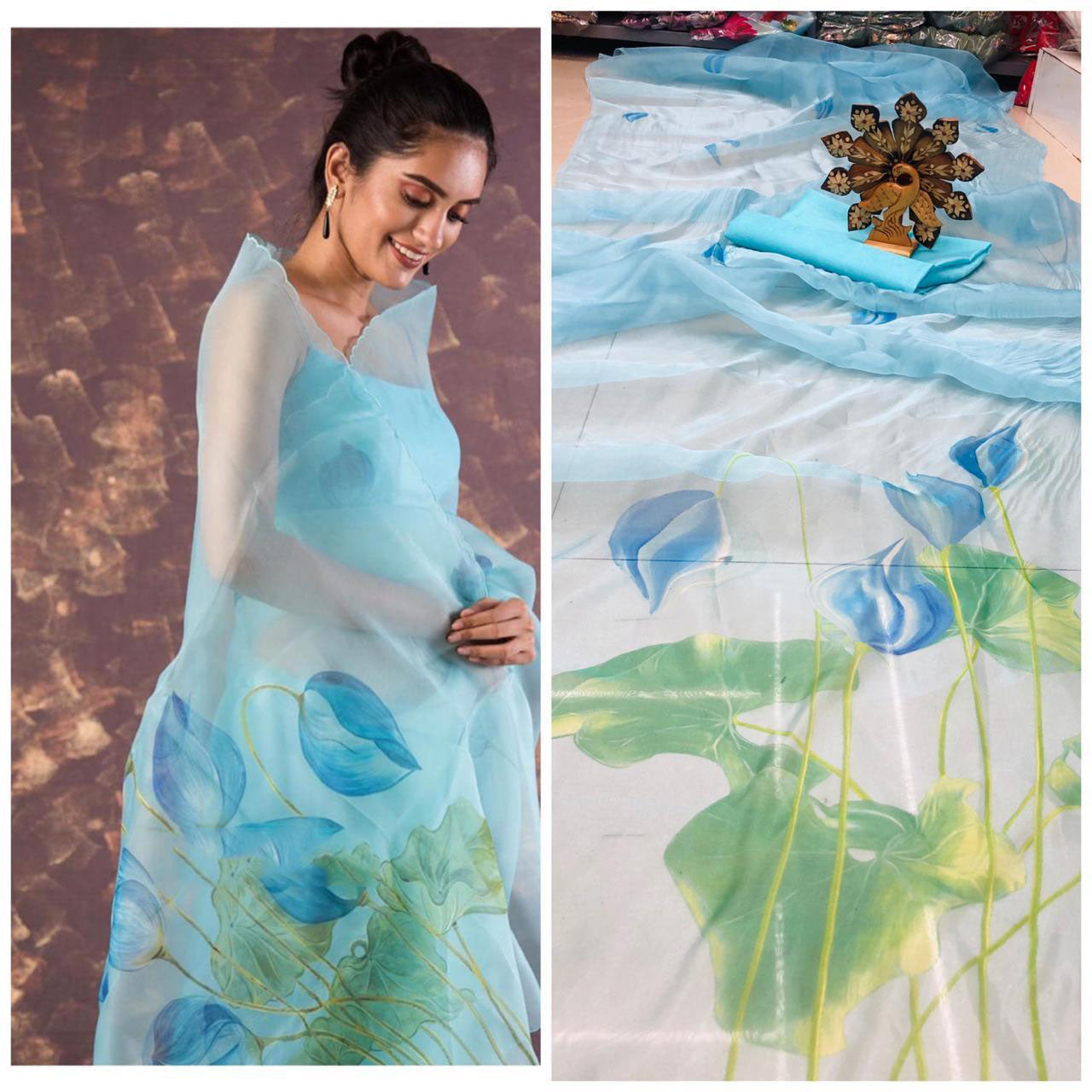 Blue Grey Pure Digital Print Organza Sarees - Dailybuyys