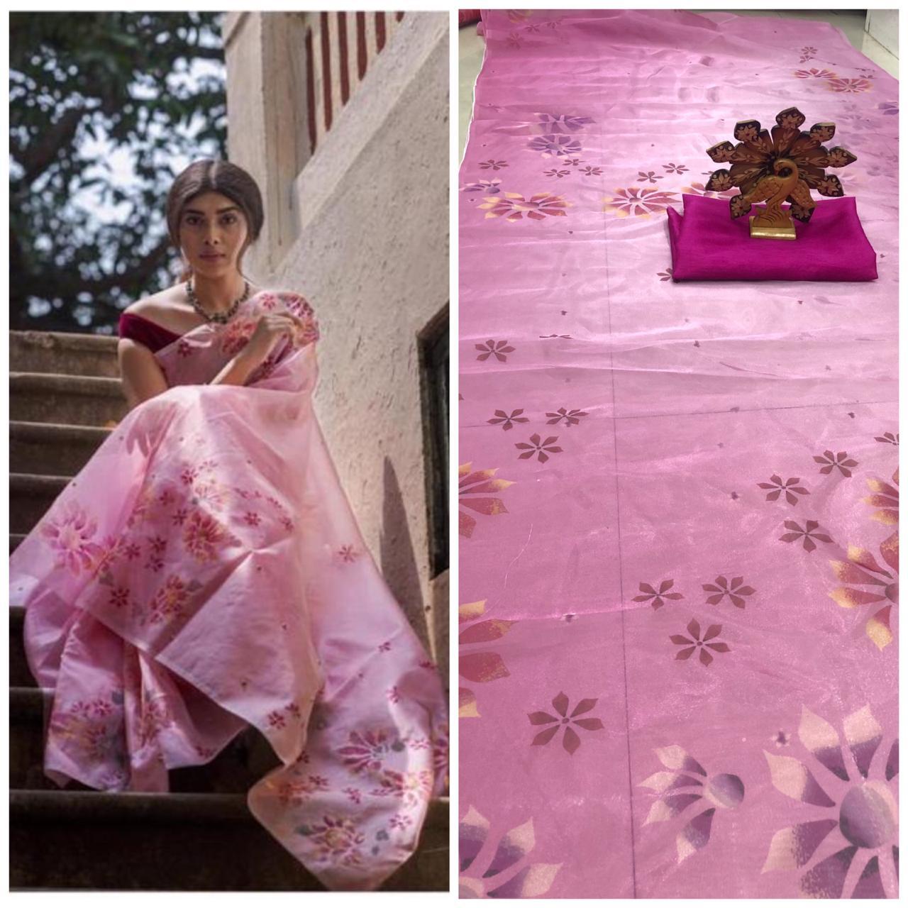 Pink Pure Digital Print Organza Sarees - Dailybuyys