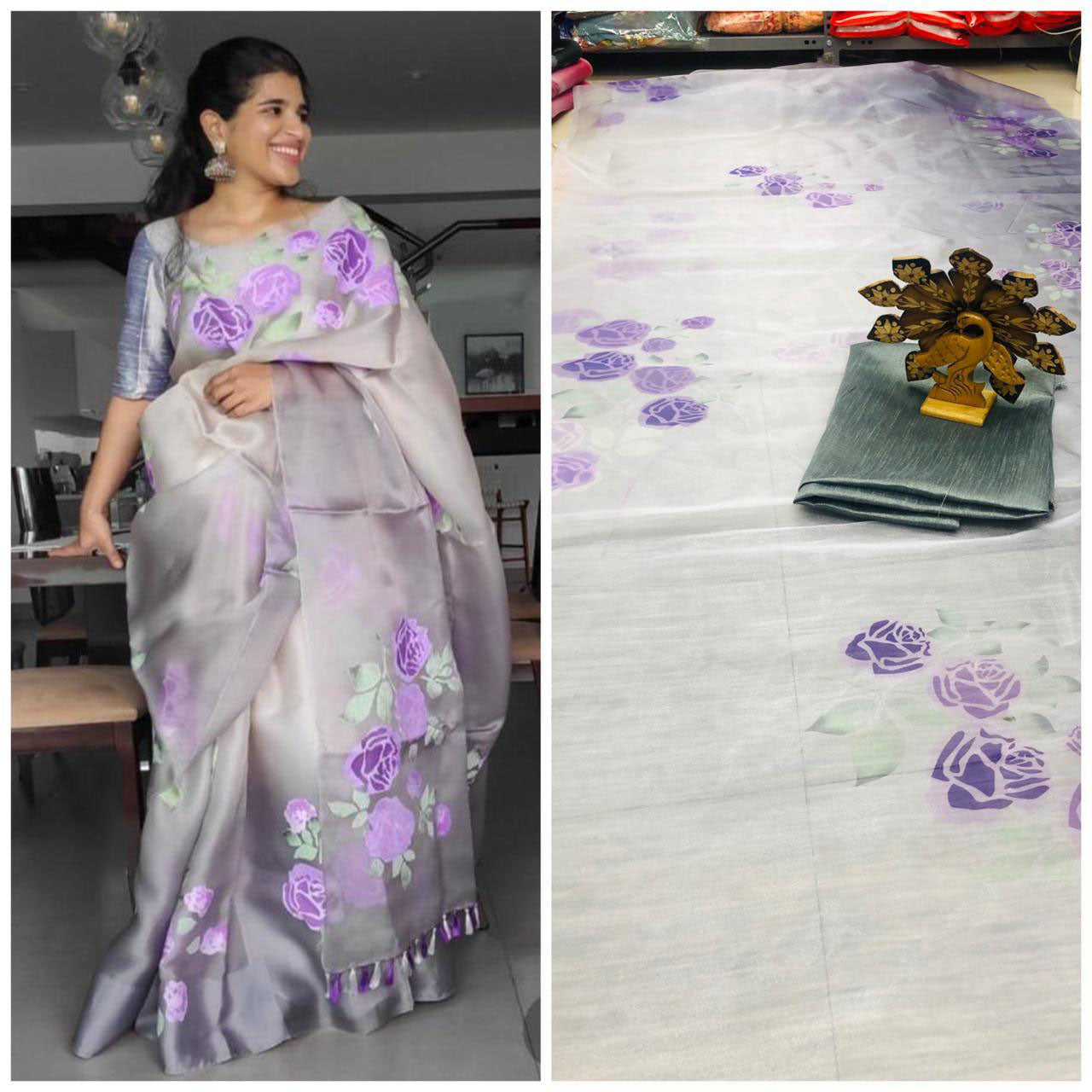 Purple Pure Digital Print Organza Sarees - Dailybuyys