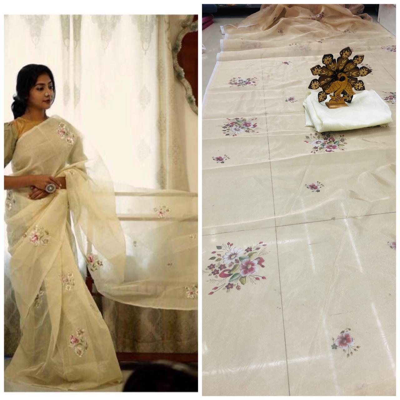 Beige Pure Digital Print Organza Sarees - Dailybuyys