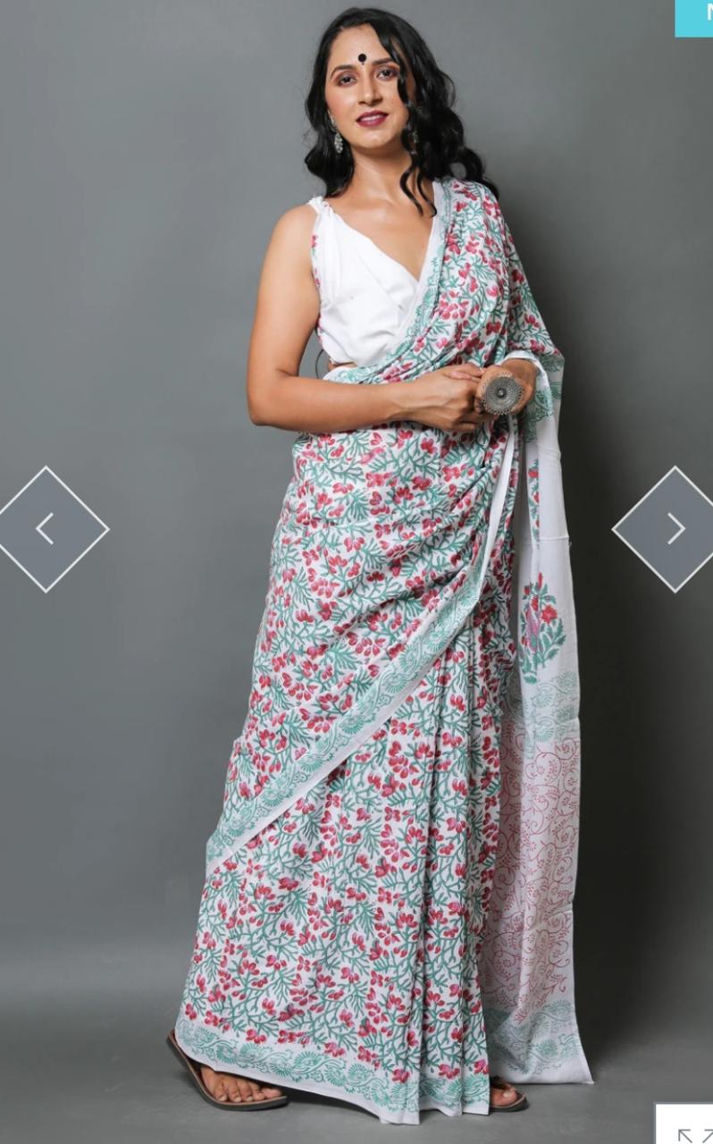 Pink-Green Floral Mulmul Batik Sarees - Dailybuyys