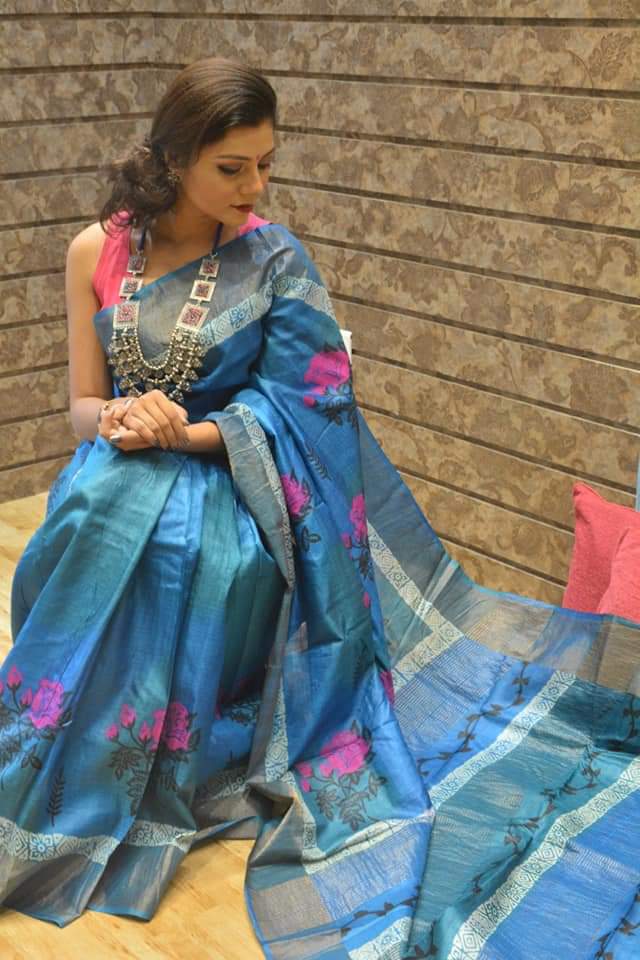 Blue Hand Painted Zari Border Pure Silk Mark Certified Tussar Silk Sarees - Dailybuyys