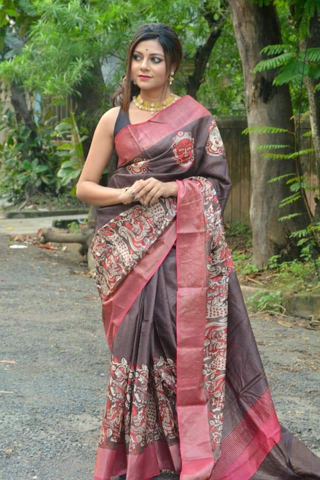 Black Red Block Print Zari Border Pure Silk Mark Certified Tussar Silk Sarees - Dailybuyys