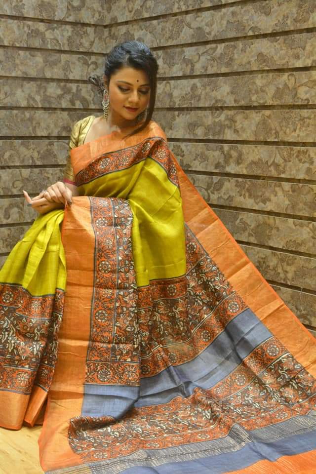 Yellow Block Print Zari Border Pure Silk Mark Certified Tussar Silk Sarees - Dailybuyys