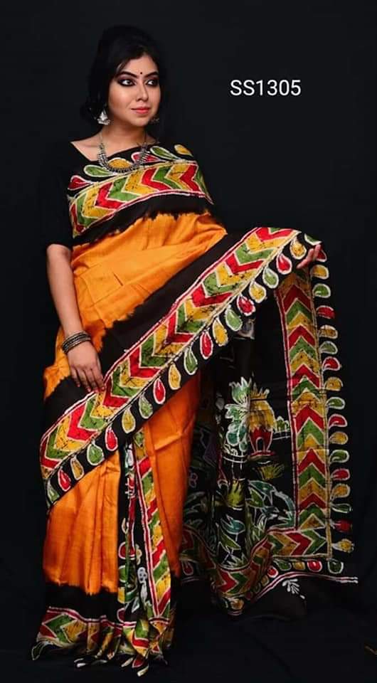 Yellow Hand Painted Pure Silk Mark Certified Bishnupuri Silk Sarees - Dailybuyys