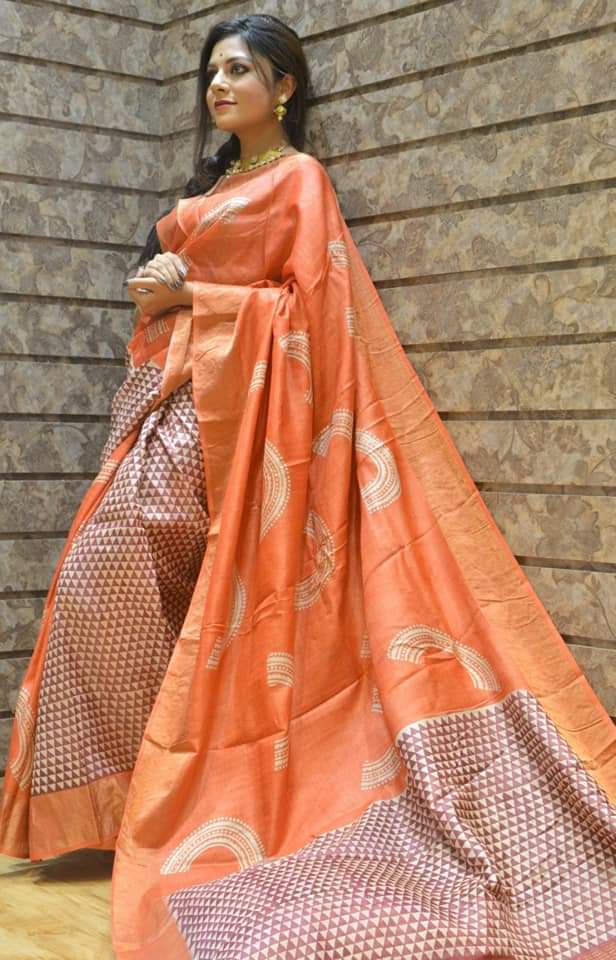 Orange Red Block Print Zari Border Pure Silk Mark Certified Tussar Silk Sarees - Dailybuyys