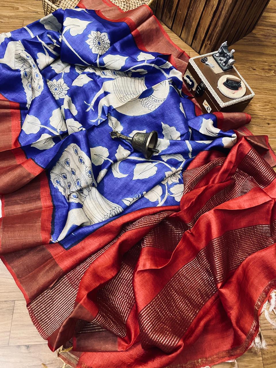 Blue Red Hand Painted Zari Border Pure Silk Mark Certified Kalamkari Tussar Silk Sarees - Dailybuyys