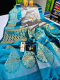 Blue Kanjivaram Silk Sarees  Handwoven With Gold Pattern