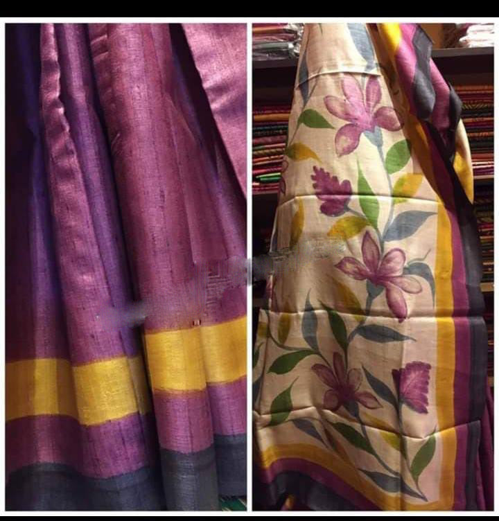 Beige Hand Painted Plain Pure Silk Mark Certified Tussar Silk Sarees - Dailybuyys