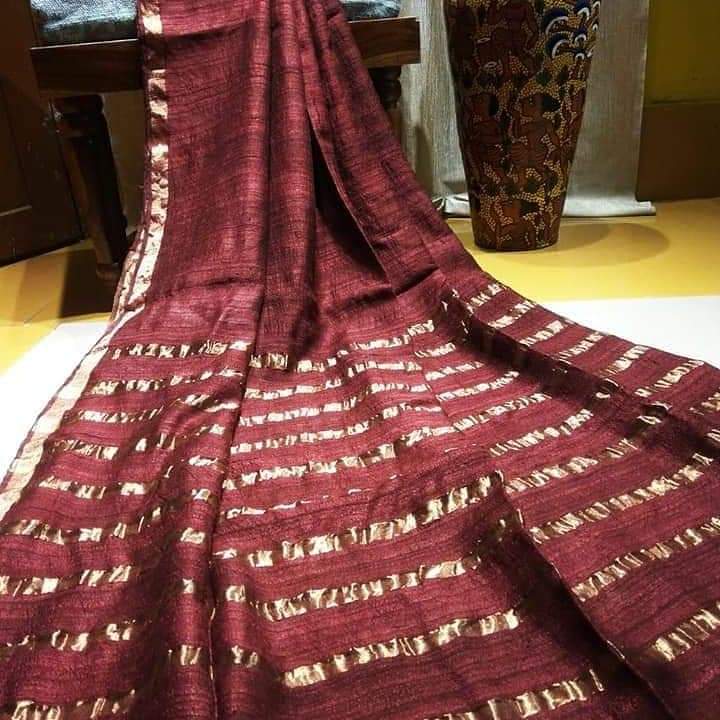 Maroon Pure Zari Border Pure Silk Mark Certified Tussar Ghicha Silk Sarees - Dailybuyys