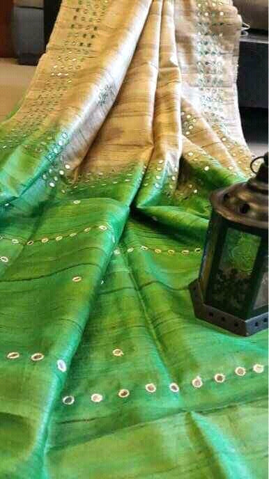 Grey Green Pure Mirror Work Pure Silk Mark Certified Tussar Ghicha Silk Sarees - Dailybuyys