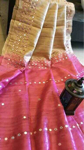 Pink Pure Mirror Work Pure Silk Mark Certified Tussar Ghicha Silk Sarees