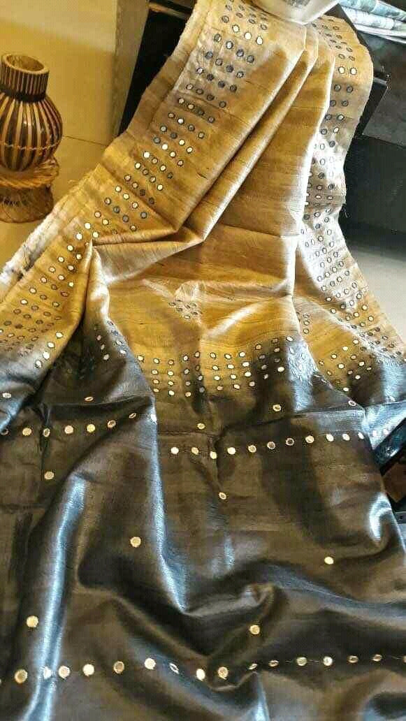 Black Pure Mirror Work Pure Silk Mark Certified Tussar Ghicha Silk Sarees - Dailybuyys