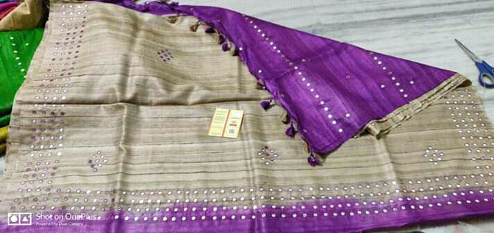 Purple Pure Mirror Work Pure Silk Mark Certified Tussar Ghicha Silk Sarees