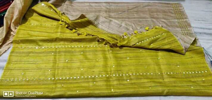 Lemon Green Mirror Work Pure Silk Mark Certified Tussar Ghicha Silk Sarees