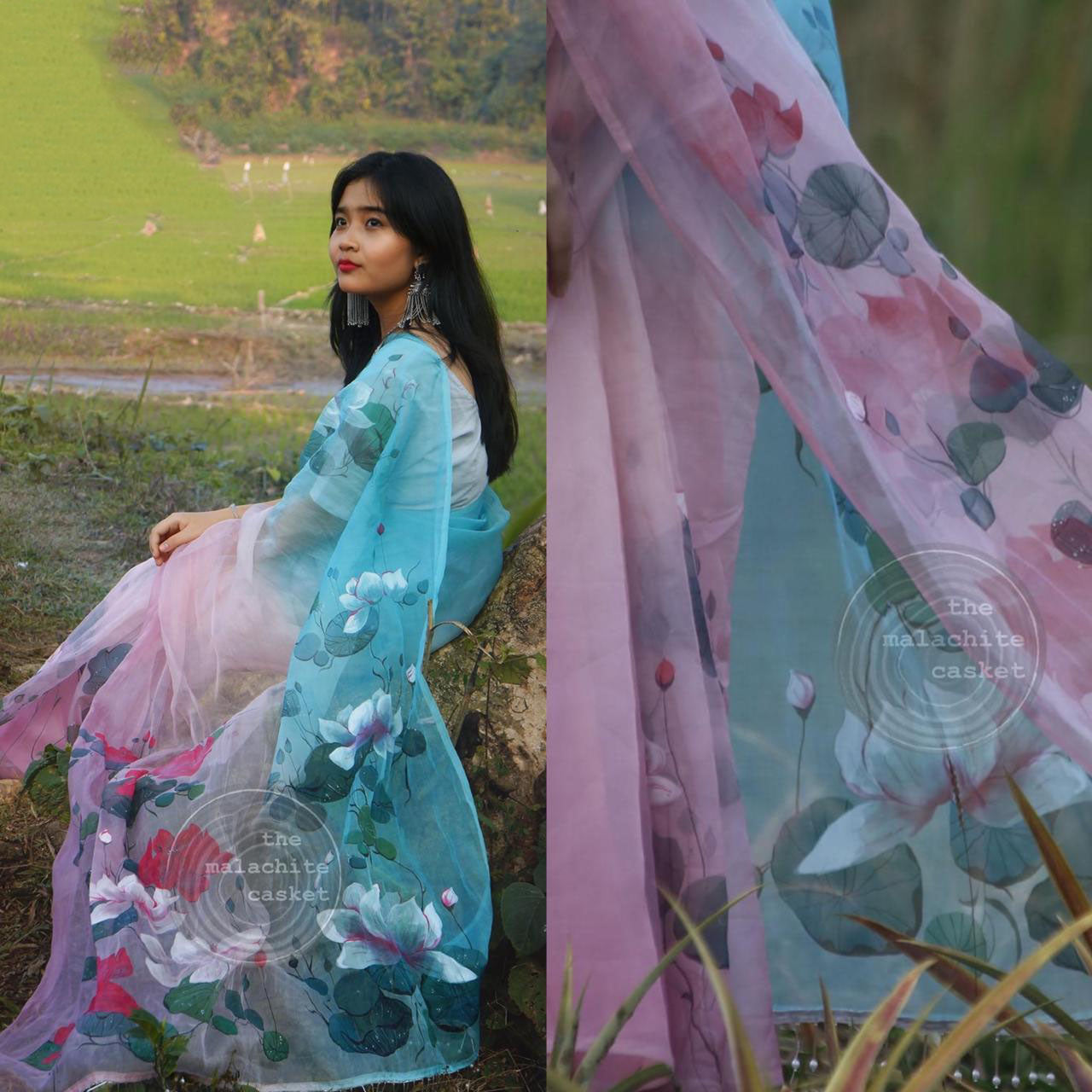 Green Pure Digital Print Organza Sarees - Dailybuyys