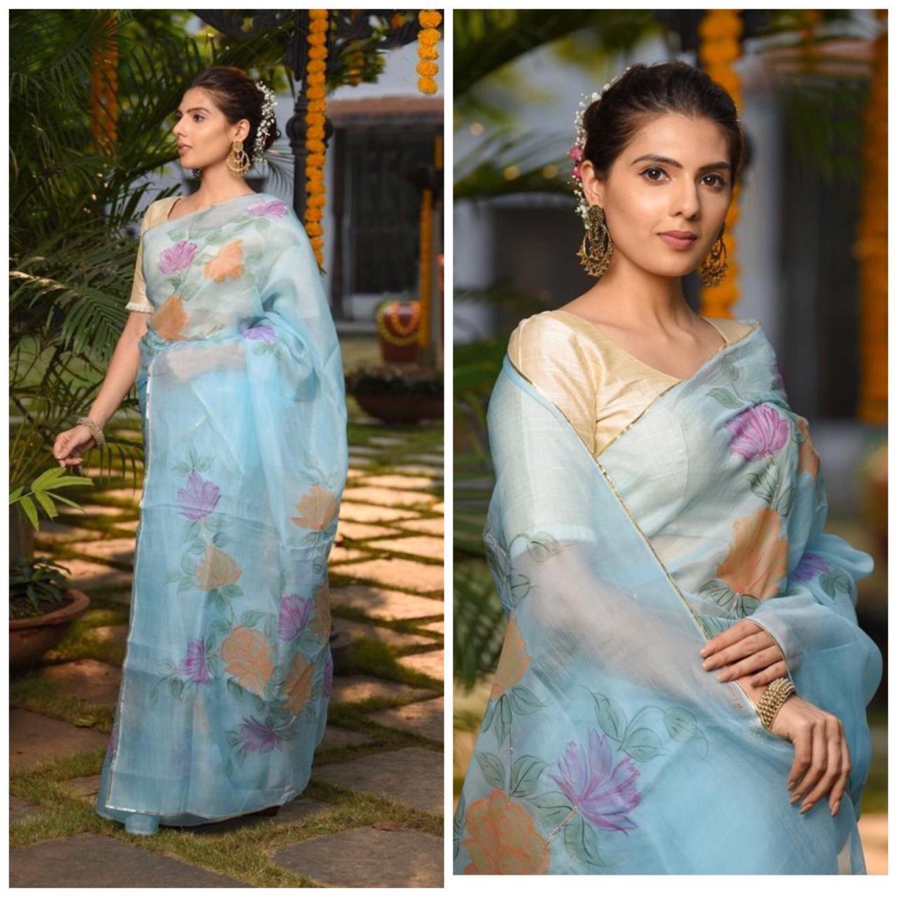 Grey Pure Digital Print Organza Sarees - Dailybuyys