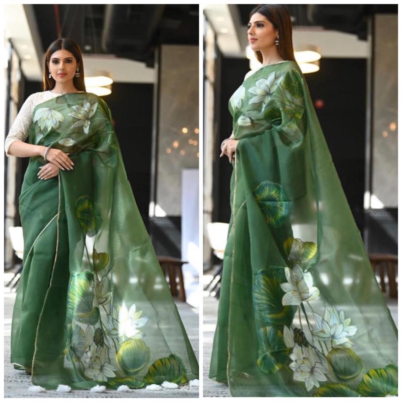 Green Pure Digital Print Organza Sarees - Dailybuyys