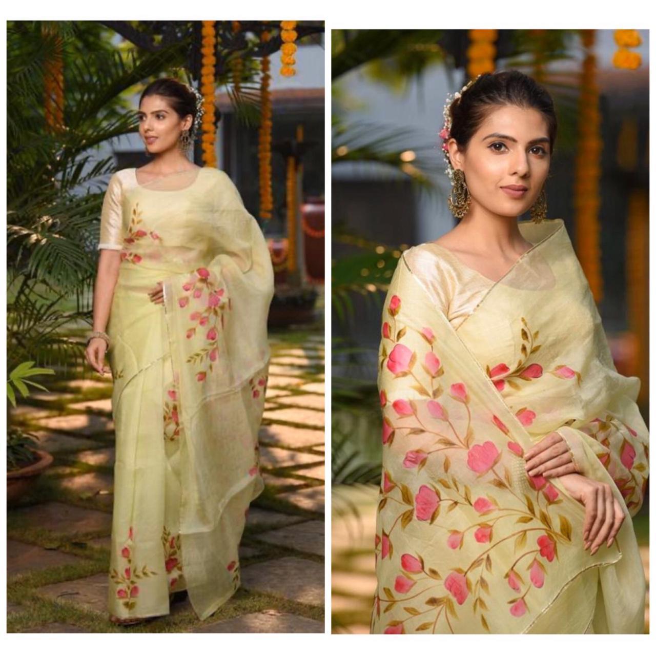 Yellow Pure Digital Print Organza Sarees - Dailybuyys