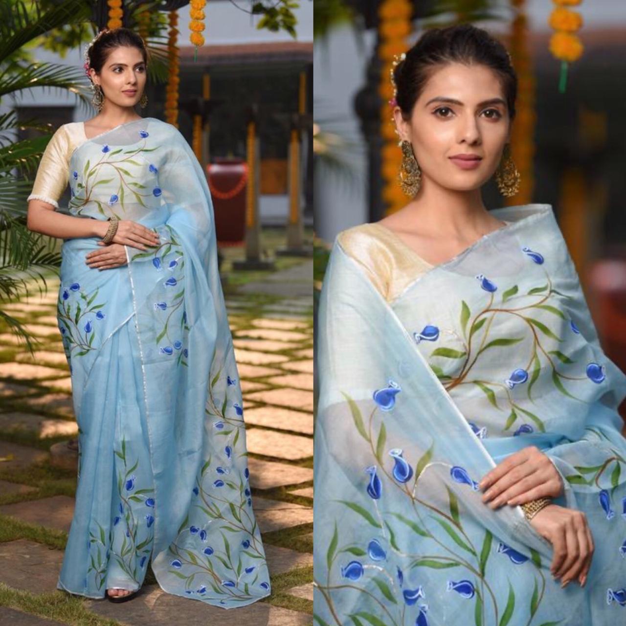 Sky Blue Pure Digital Print Organza Sarees - Dailybuyys