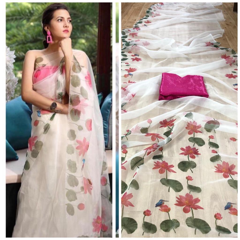 White Pure Digital Print Organza Sarees - Dailybuyys
