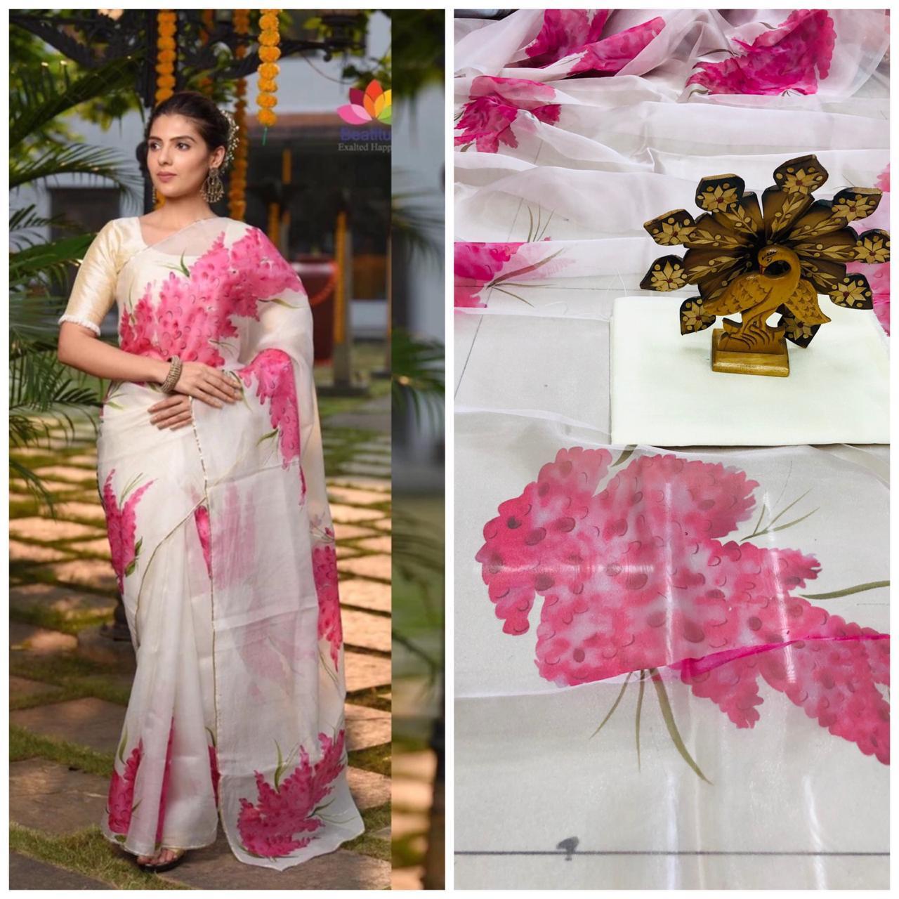 White Pink Pure Digital Print Organza Sarees - Dailybuyys