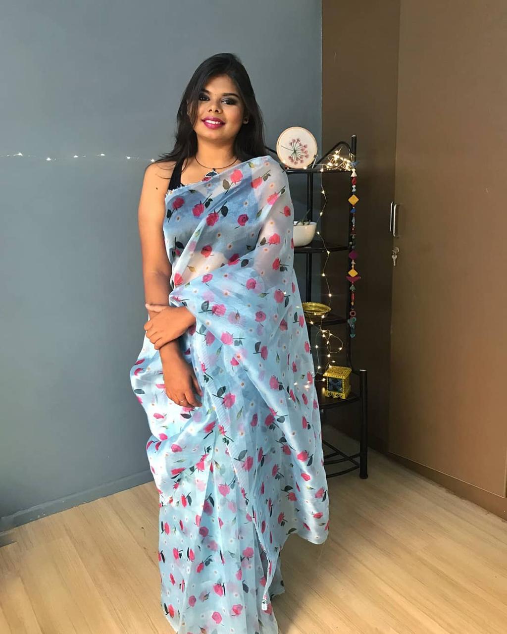 Blue Pure Digital Print Organza Sarees - Dailybuyys