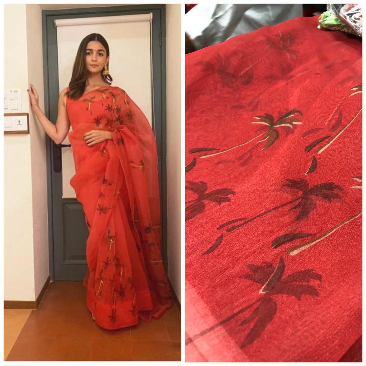Red Pure Digital Print Organza Sarees - Dailybuyys