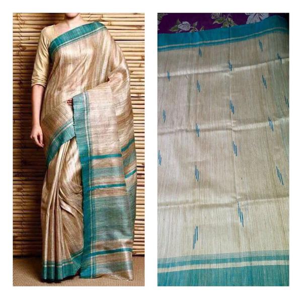 Beige Pure Silk Mark Certified Tussar Ghicha Silk Sarees - Dailybuyys