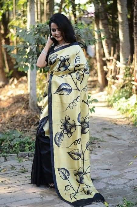 Beige Black Hand Painted Plain Pure Silk Mark Certified Tussar Silk Sarees - Dailybuyys