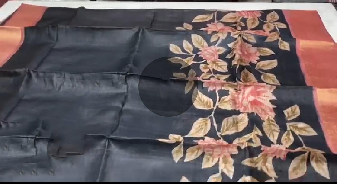 Black Hand Painted Zari Border Pure Silk Mark Certified Tussar Silk Sarees - Dailybuyys