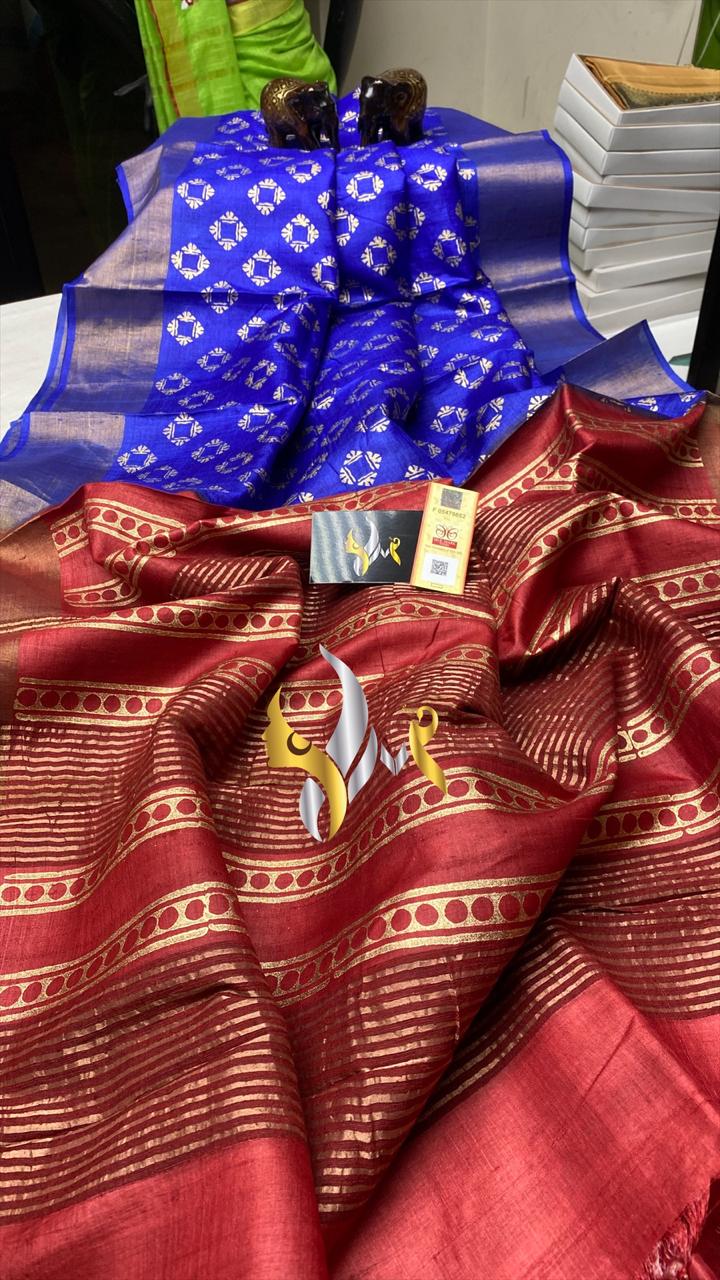 Blue Red Block Printed Zari Border Pure Silk Mark Certified Tussar Silk Sarees - Dailybuyys