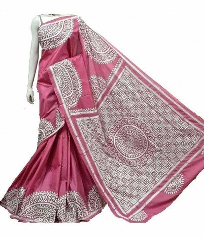 Pink Block Printed Pure Silk Mark Certified Bishnupuri Silk Sarees - Dailybuyys